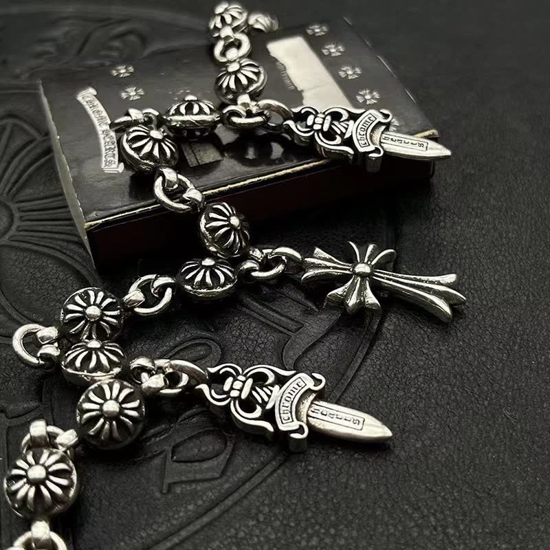 Chrome Hearts Silver Cross and Floral Bead Bracelet